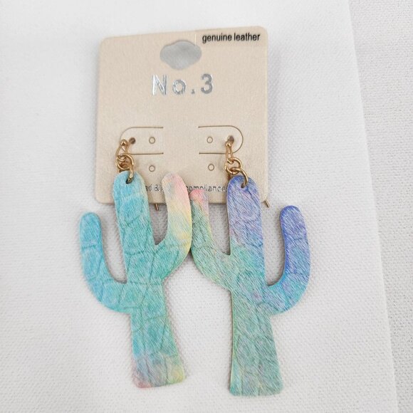 NO 3 Rainbow Pastel Embossed Leather Cactus Dangle Statement Earrings NWT - Picture 2 of 5